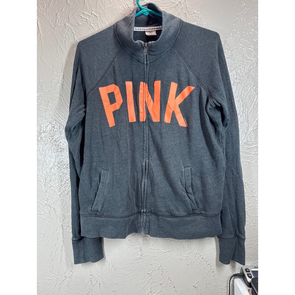 PINK Victoria's Secret Sweatshirt Full‎ Zip Gray Coral Spellout Mock Neck Medium